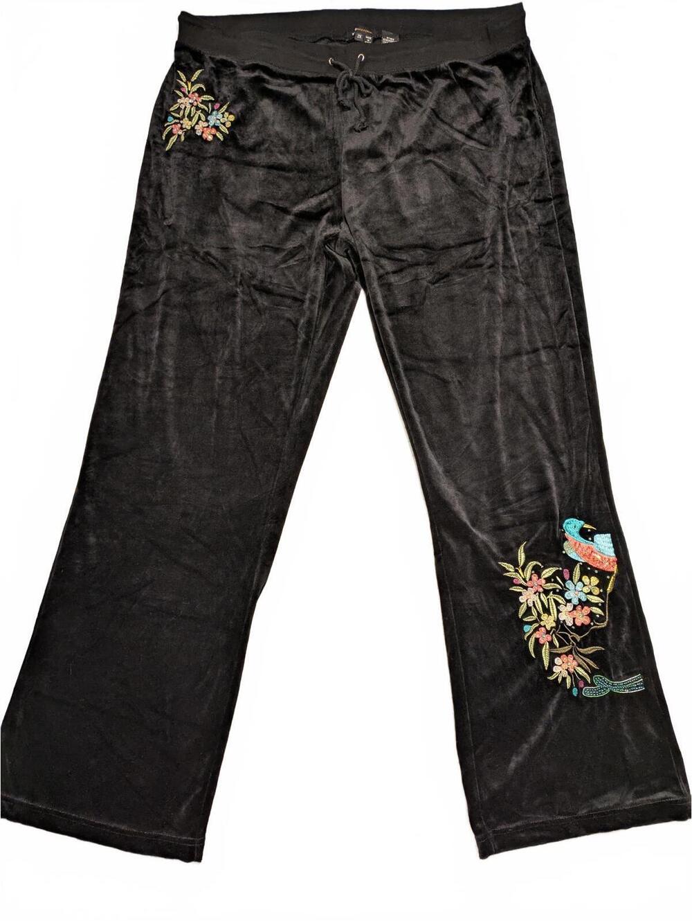 BCBG Elegant Black Velvet Pants Embroidery Beaded Sequins Womens 2XL 38x32